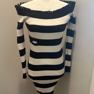 Black and White Striped Off-Shoulder Sweater